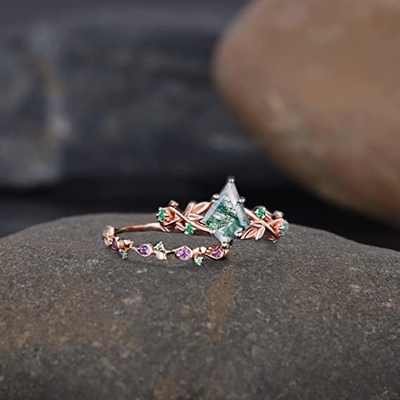 সলিড রোজ গোল্ড 1.25ct প্রাকৃতিক অনুপ্রাণিত পাতা মস অ্যাগেট জুয়েলারি ক্লাস্টার পান্না জলজ