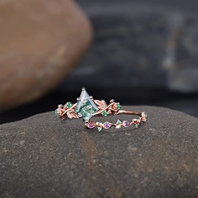 সলিড রোজ গোল্ড 1.25ct প্রাকৃতিক অনুপ্রাণিত পাতা মস অ্যাগেট জুয়েলারি ক্লাস্টার পান্না জলজ