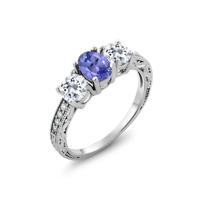 0.75ct বৃত্তাকার বেগুনি তানজানাইট এবং ডায়মন্ড ক্লাস্টার রিং 14K সাদা সোনা