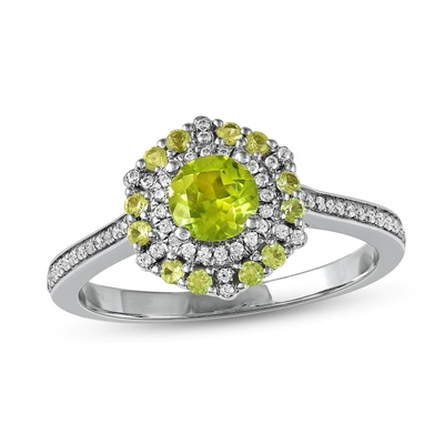 সবুজ পেরিডট এবং ডায়মন্ড রিং 1/6 ct tw 10K হোয়াইট গোল্ড সিলভারে