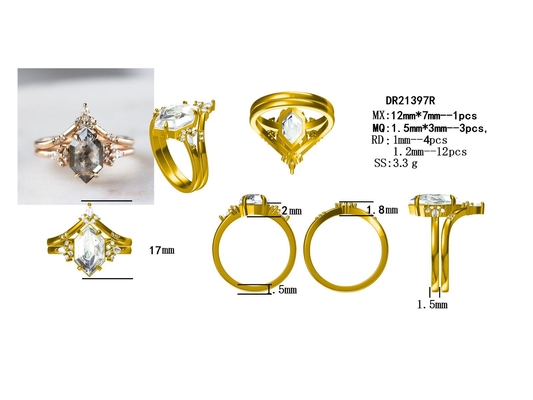 ষড়ভুজ কাটা লবণ এবং মরিচ CZ Moissanite 925 সিলভার রিং বাঁকা ম্যাচিং