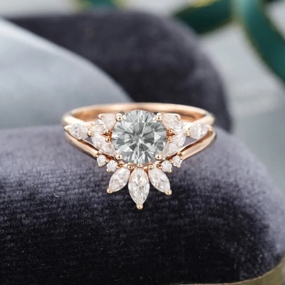 925 সিলভার জুয়েলারী Moissanite রিং রোজ গোল্ড গ্রে Moissanite এনগেজমেন্ট রিং সেট Marquise কাট ব্রাইডাল রিং