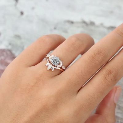 925 সিলভার জুয়েলারী Moissanite রিং রোজ গোল্ড গ্রে Moissanite এনগেজমেন্ট রিং সেট Marquise কাট ব্রাইডাল রিং
