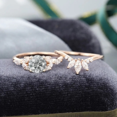 925 সিলভার জুয়েলারী Moissanite রিং রোজ গোল্ড গ্রে Moissanite এনগেজমেন্ট রিং সেট Marquise কাট ব্রাইডাল রিং