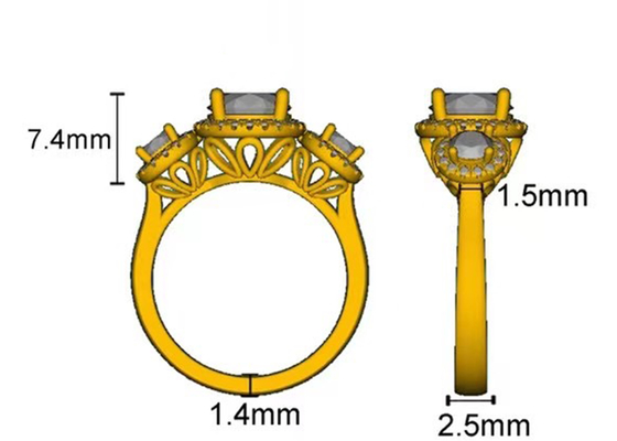 Halo 2.1ct 3 স্টোন ডায়মন্ড এনগেজমেন্ট রিং প্রং সেটিং টাইপ RD7MM