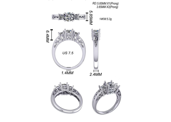 0.8ct 14k সলিড গোল্ড জুয়েলারি, প্রং সেটিং RD5.85mm ডায়মন্ড থ্রি স্টোন রিং