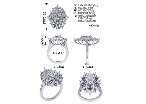 1.5ct 49pcs ক্লাসিক হ্যালো ডায়মন্ড এনগেজমেন্ট রিং হোয়াইট গোল্ড কালার প্লেটেড ODM